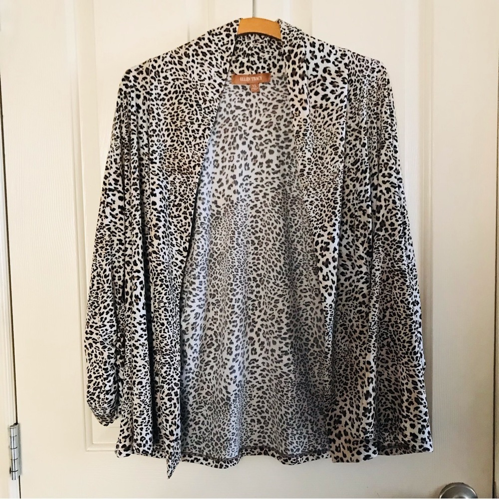 Ellen Tracy Animal Print Open Front Cardigan Ruched Sleeve Brown Size XL